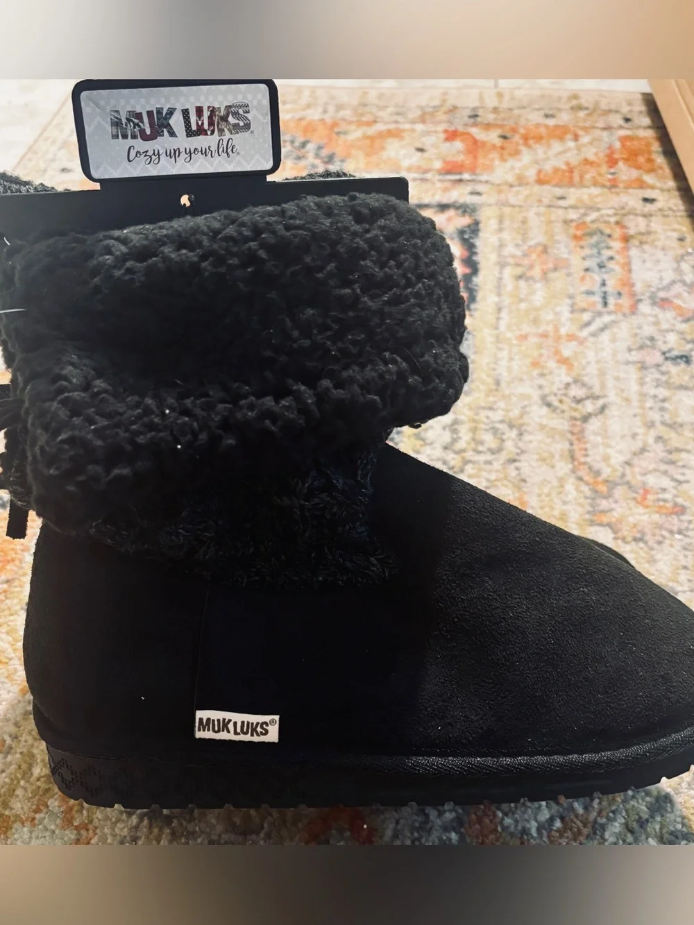 Muk Luks Black Knit Bow Mid-Calf Fold-Over Boots